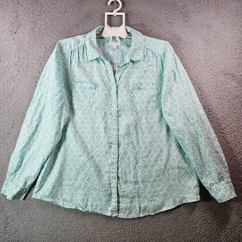 Charter Club Linen Shirt Top Women XL Button‎ Long Sleeve Geometric White Green